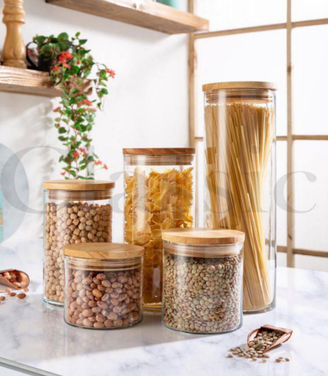 بانکه استوانه حبوبات و ادویه درب چوبی واشردار